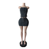Women denim crop top mini skirt set