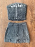 Women denim crop top mini skirt set