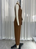 Casual elegant summer sleeveless collared tie waist wide-leg jumpsuit
