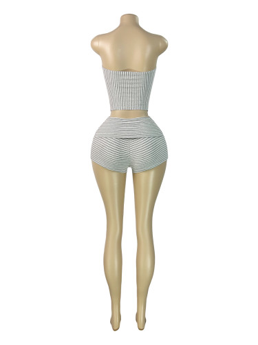 Women Stripes Strapless Top Tight Shorts Two-Piece Set