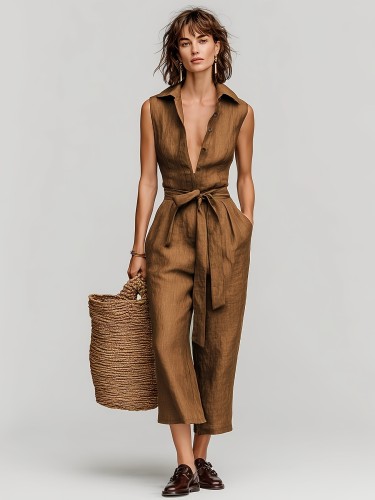Casual elegant summer sleeveless collared tie waist wide-leg jumpsuit