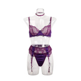 Women purple lace satin lingerie set