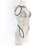 Sexy printed mesh bodysuit see-through backless lingerie women's bodysuit