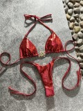 Women crystal two piece metallic thong bikini swimsuit