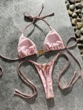 Women crystal two piece metallic thong bikini swimsuit