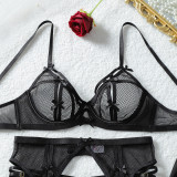 Bow-decorated hollowed-out see-through sexy lingerie set with stockings