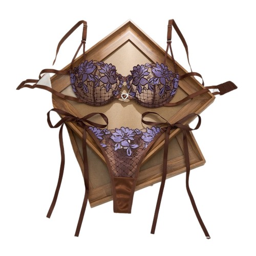 French-style embroidered mesh thong bra set with underwire