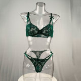 Retro green lace lingerie sexy half-cup see-through bra set with bow