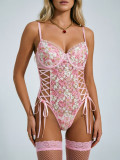 Women's sexy pastoral style pink floral daisy underwire push-up bodysuit with stocking