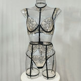Black lace lingerie set sexy see-through underwire bra set with garter belt