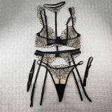 Black lace lingerie set sexy see-through underwire bra set with garter belt