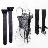 Sexy high cut lace-up lace bodysuit with gloves and stockings