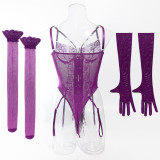 Sexy high cut lace-up lace bodysuit with gloves and stockings