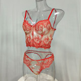 Red embroidered lace lingerie set