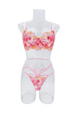 Embroidered lace pink see-through sexy lingerie bra panty set
