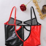 Hollowed-out leather zipper sexy bodysuit with open crotch
