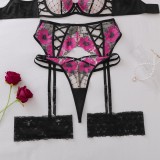 Floral embroidery hollowed-out see-through mesh bustier sexy lingerie set