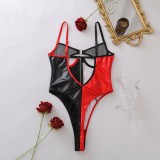 Hollowed-out leather zipper sexy bodysuit with open crotch