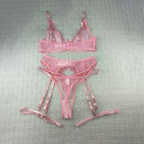 Pink floral embroidered lingerie set with sexy garter belt three-piece set