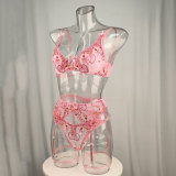 Pink floral embroidered lingerie set with sexy garter belt three-piece set