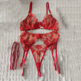 Sexy red embroidered lingerie set with underwire