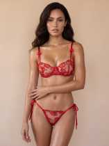 Rose embroidered bra thong panty set