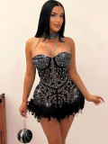 Solid color mesh rhinestone sleeveless shorts dress women
