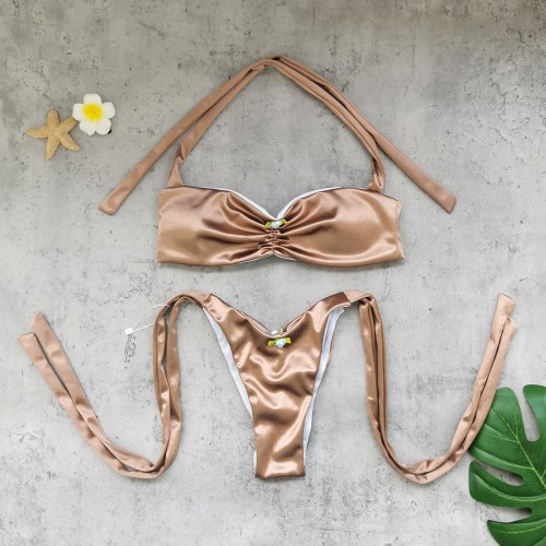 Solid color two-piece swimsuit sexy high-slit strapless bikini
