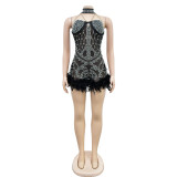 Solid color mesh rhinestone sleeveless shorts dress women