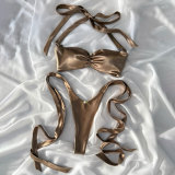 Solid color two-piece swimsuit sexy high-slit strapless bikini
