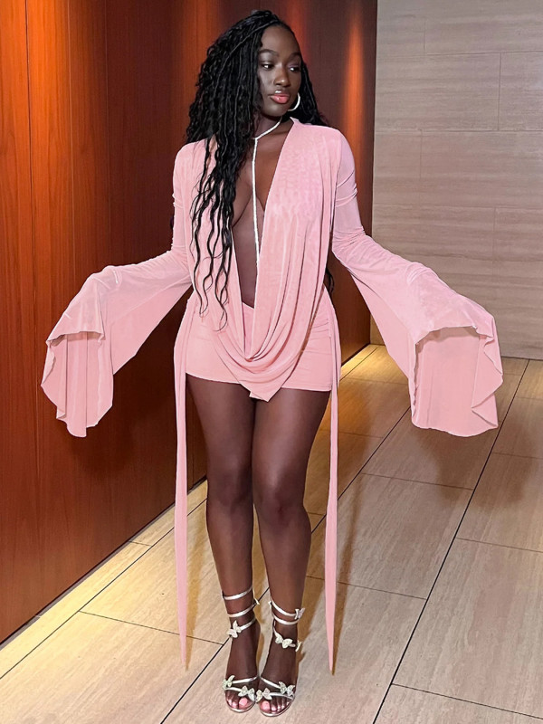 Women Plunging Neckline Wide Cuff Sleeves Mesh Dress