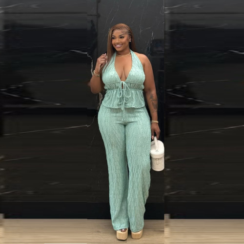 Women Solid Color Jacquard Two Piece Trousers Set