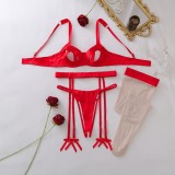 Sexy red lingerie set with bow decoration and sheer stockings