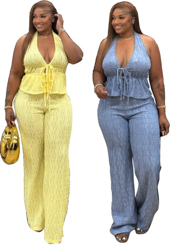 Women Solid Color Jacquard Two Piece Trousers Set
