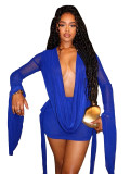 Women Plunging Neckline Wide Cuff Sleeves Mesh Dress