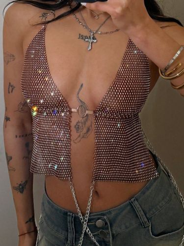 Rhinestone top fishnet camisole nightclub party vest backless camisole