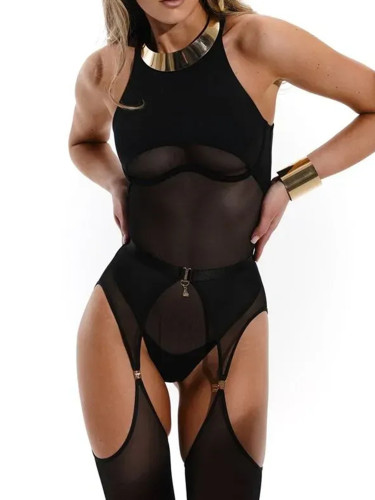 See-through mesh bodysuit sexy lingerie with stockings
