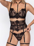 French-style black and gold embroidered bra four-piece see-through lingerie set
