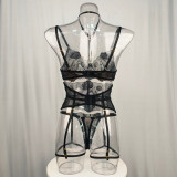 French-style black and gold embroidered bra four-piece see-through lingerie set