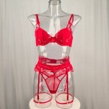 Red Embroidered Bralette, G-string, Garter Belt Lingerie Set
