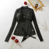 Sexy see-through mesh long-sleeved three piece lingerie set