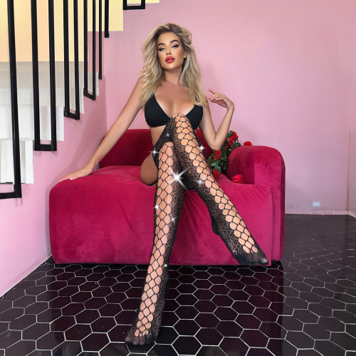 Open crotch transparent rhonestones women's black sexy fishnet stockings