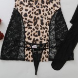 Leopard Print Lace Patchwork Slip Dress + Thong + Stockings