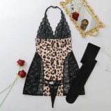 Leopard Print Lace Patchwork Slip Dress + Thong + Stockings