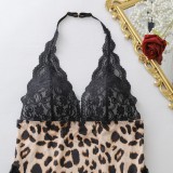 Leopard Print Lace Patchwork Slip Dress + Thong + Stockings