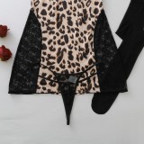 Leopard Print Lace Patchwork Slip Dress + Thong + Stockings