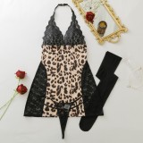 Leopard Print Lace Patchwork Slip Dress + Thong + Stockings