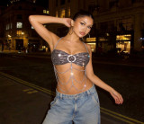 Sexy halter-neck fishnet rhinestone body chain music festival party top
