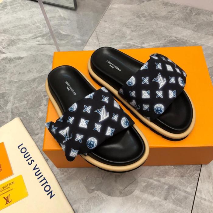 LOUIS VUITTON Nylon Monogram Womens Pool Pillow Comfort Mules 40 Navy Blue
