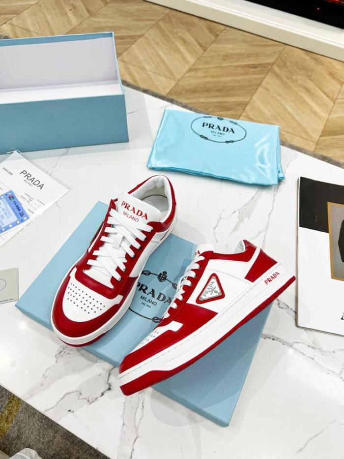 Prada Downtown Low Top Sneakers Leather White Lacquer Red